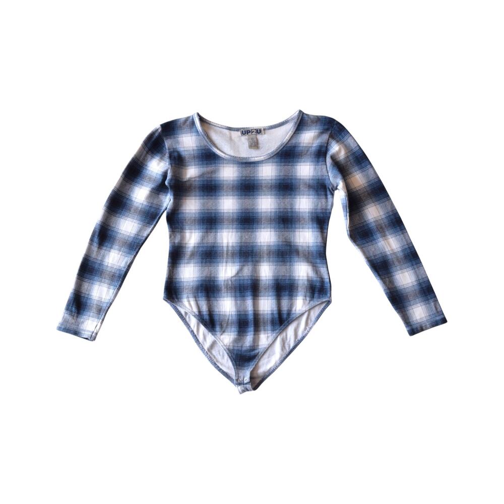 Vintage 90s Navy Tartan Plaid Scoop Neck Bodysuit Size ML
